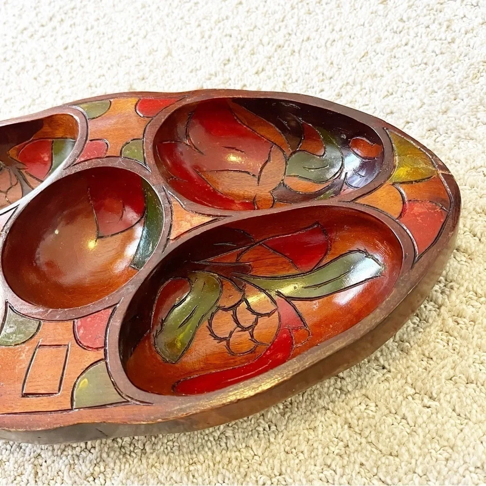 Vintage Mid Century Wooden Serving Bowl Snack Platter Boho Exotic Divided Carved